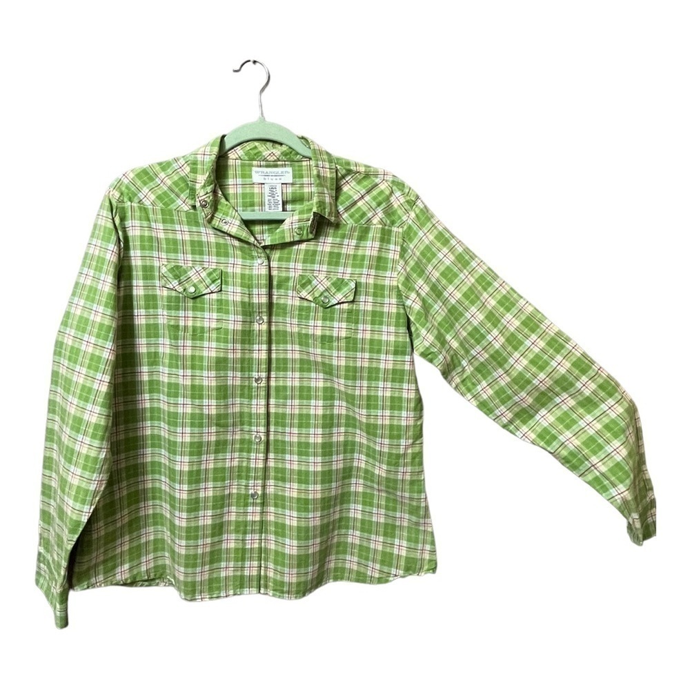Vintage Wrangler blues pearl snap green plaid rustic western pocket shirt Large